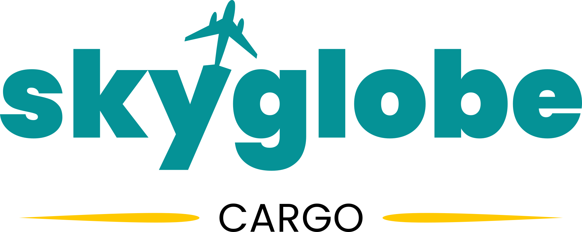 Skyglobe Cargo logo showing "skyglobe" in teal text with a small airplane above the 'g' and the word "CARGO" underlined in yellow underneath.